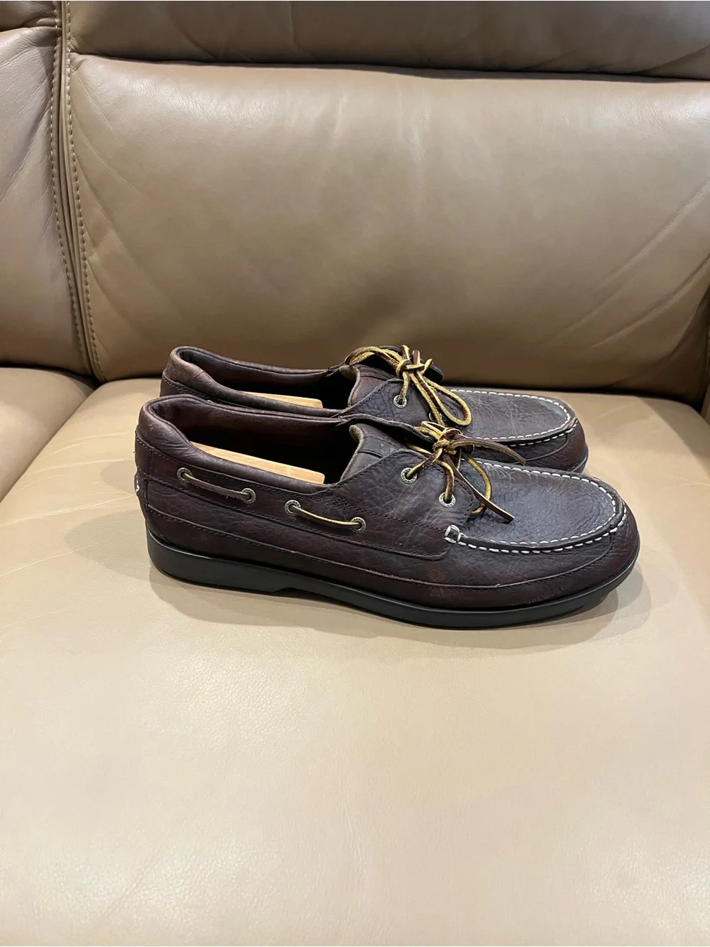 L.L. Bean Men's Dark Brown Leather Boat Shoes with Yellow Trim